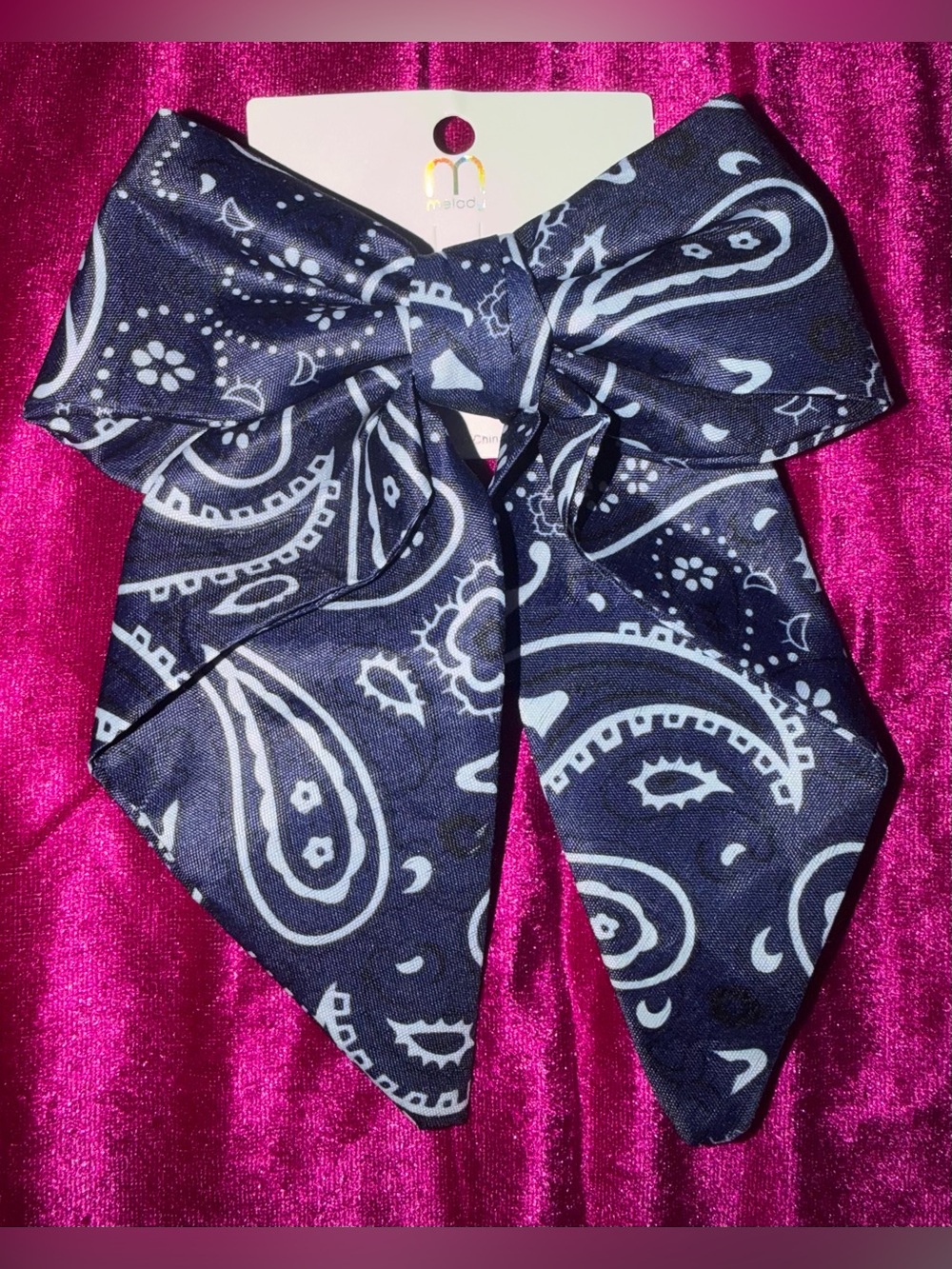 Melody Navy Blue Paisley Bow Hair Tie